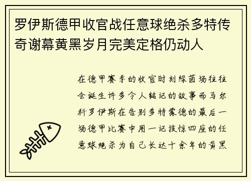 罗伊斯德甲收官战任意球绝杀多特传奇谢幕黄黑岁月完美定格仍动人