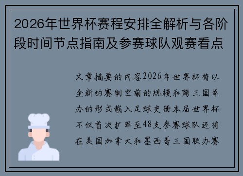 2026年世界杯赛程安排全解析与各阶段时间节点指南及参赛球队观赛看点