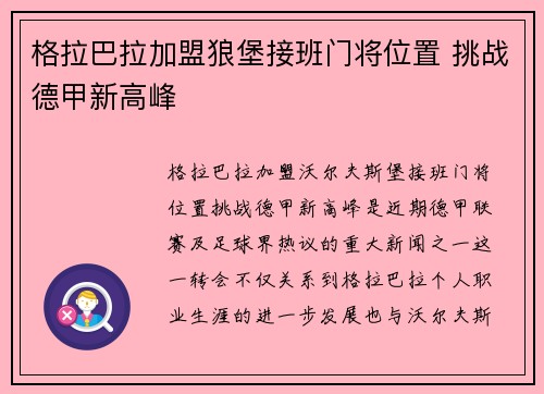 格拉巴拉加盟狼堡接班门将位置 挑战德甲新高峰