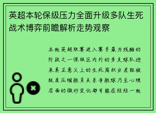 英超本轮保级压力全面升级多队生死战术博弈前瞻解析走势观察 英超本轮保级压力全面升级多队生死战术博弈前瞻解析走势观察